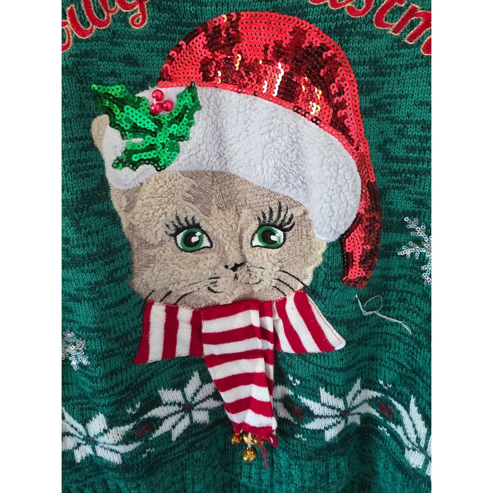 99 Jane Street Meowy Christmas Cat Sweater Green Sequin Jingle Bell Small - Picture 8 of 9